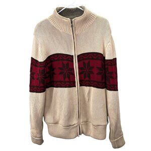 Fair Isle Nordic Cardigan Sweater L Full Zip Faux Sherpa Lined Tan Red Chunky